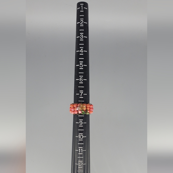 Coral Red Floral Beaded Ring - Picture 5 of 10